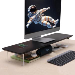 SUIBIAN Black Monitor Stand Riser with Wireless Charging 31.5Inch Large, Computer Monitor Stand,Wooden Desktop Organizer Shelf for Office Desk Computer,Laptop,TV (Black Oak)