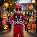 Race Car Driver Costume for Boys Racer Jumpsuit with Car Cap for Halloween Dress Up