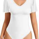 MANGOPOP Womens Deep V Neck Ruffle Short Sleeve Long Sleeve Tops Sexy Bodysuit for Women Clothing (Short Sleeve White, X-Small)