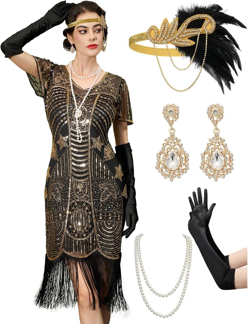 YESSA Flapper Dresses 1920s Dresses for Women,Sequin Fringe Great Gatsby Dresses for Women Roaring 20s Costume Harlem Night (Large, Black Gold)