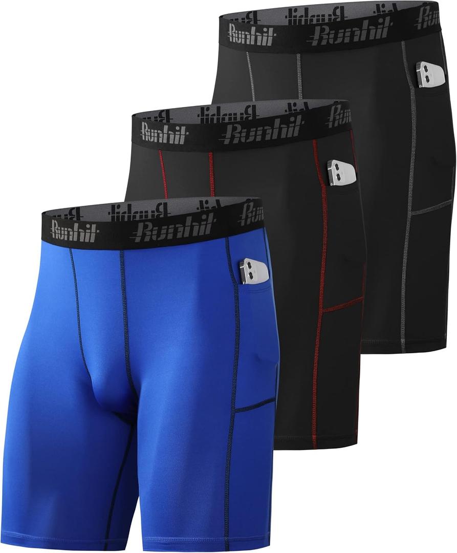 Runhit Compression Shorts Men Underwear Spandex Running Shorts Workout Athletic (Medium, 3 Pack Pocket: black, Grey, black Red, blue) Medium