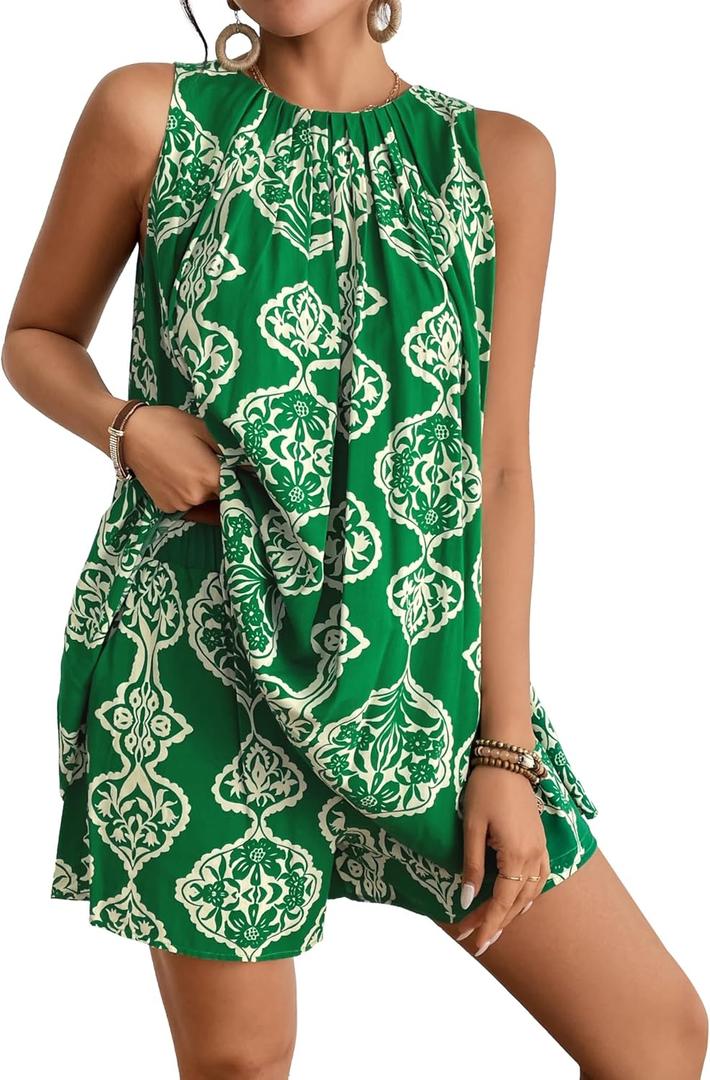 Bsubseach Two Piece Shorts Sets For Women Floral Print Short Set Sleeveless Top And Shorts Beach Vacation Set (Size Large, Green)
