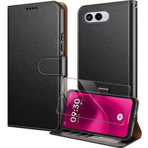 for T-Mobile Revvl 8 TMRV085G Case with Tempered Glass Screen Protector PU Leather Folio Flip [RFID Blocking][Kickstand] [Card Holders] Shockproof TPU Cover Magnetic Wallet - Black