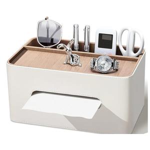 PU Leather Tissue Box Cover Rectangular with Storage Organizer, Multifunctional Remote Control Holder, Desk Organizer for Living Room, Bedroom, Office, Decorative Tissue Holder with Compartments Beige