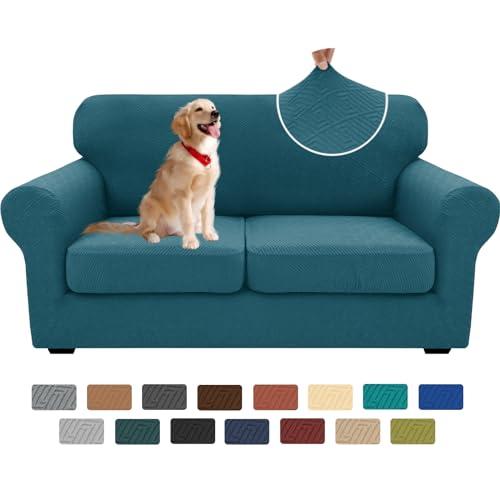XINEAGE New 3 Pieces Couch Covers for 2 Cushion Sofa Super Stretch Loveseat Slipcover Pet Dog Universal Slip Cover Anti Slip Love Seat Furniture Protector (Peacock Blue, 55"-69")