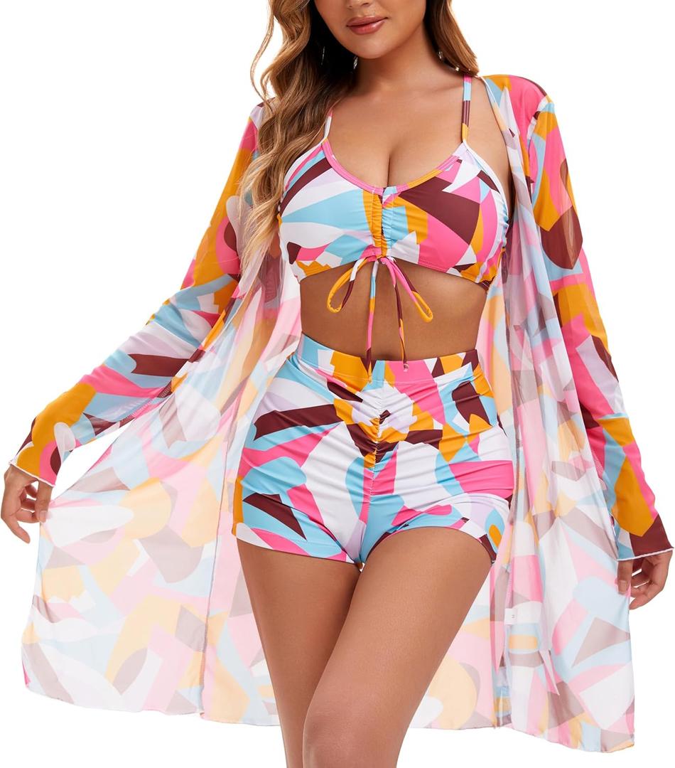 Yknktstc Womens 3 Pieces Bikini Set Swimsuit Tropical Beach Cover up Kimono Swimwear Bathing Suit with Boy Shorts (X-Large)