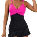 Blooming Jelly Women One Piece Swimsuits Swim Dress Tummy Control Bathing Suits V Neck Ruffle Skirt Swimwear (Large, Hot Pink Black)