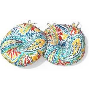Outdoor Bistro Chair Cushion with Ties, Tufted Patio Chair Cushions Set of 2, Round Seat Cushion 15x15x4 for Home Garden Balcony Office Porch Lawn Deck, Paisley Multi