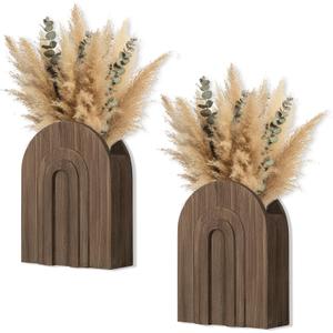 2 Pack Natural Finish Wooden Wall Vase for Dried Flowers & Pampas Grass, Boho Farmhouse Wood Flower Wall Decor for Bathroom & Living Room, Hanging Planter