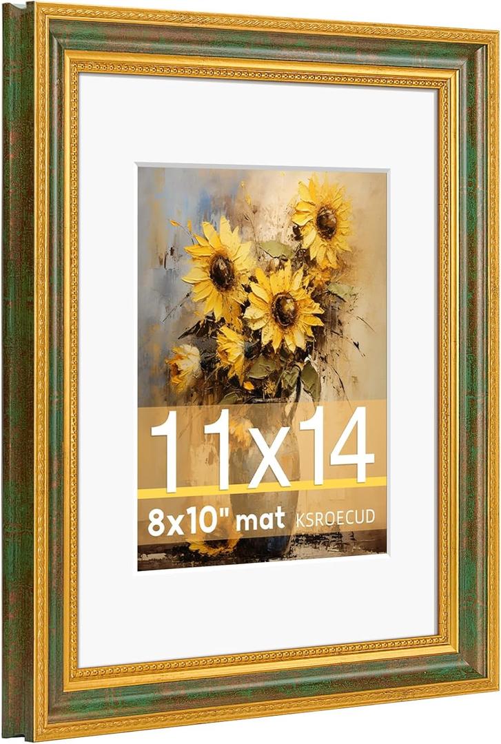 KSROECUD 11x14 Picture Frame for 8x10 Photo with White Mat, HD Real Glass 11x14 Vintage Photo Frame with Gold Vintage Green Texture Border Horizontal & Vertical Display for Tabletop or Wall Decor (1 Pack)