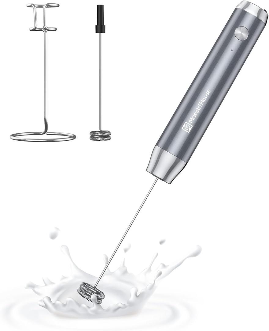 Maestri House Rechargeable Milk Frother with Stand, LunaFro Handheld Electric Foam Maker Waterproof Detachable Stainless Steel Whisk Drink Mixer Foamer for Lattes, Cappuccino (Space Gray)