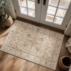 3x5 Entryway Rug, Washable Non-Slip Door Mat Boho Small Rugs for Kitchen Nursery Office Bedroom, 0.3" Vintage Neutral Oriental Throw Carpet with Cushioning Pad, Camel/Multi