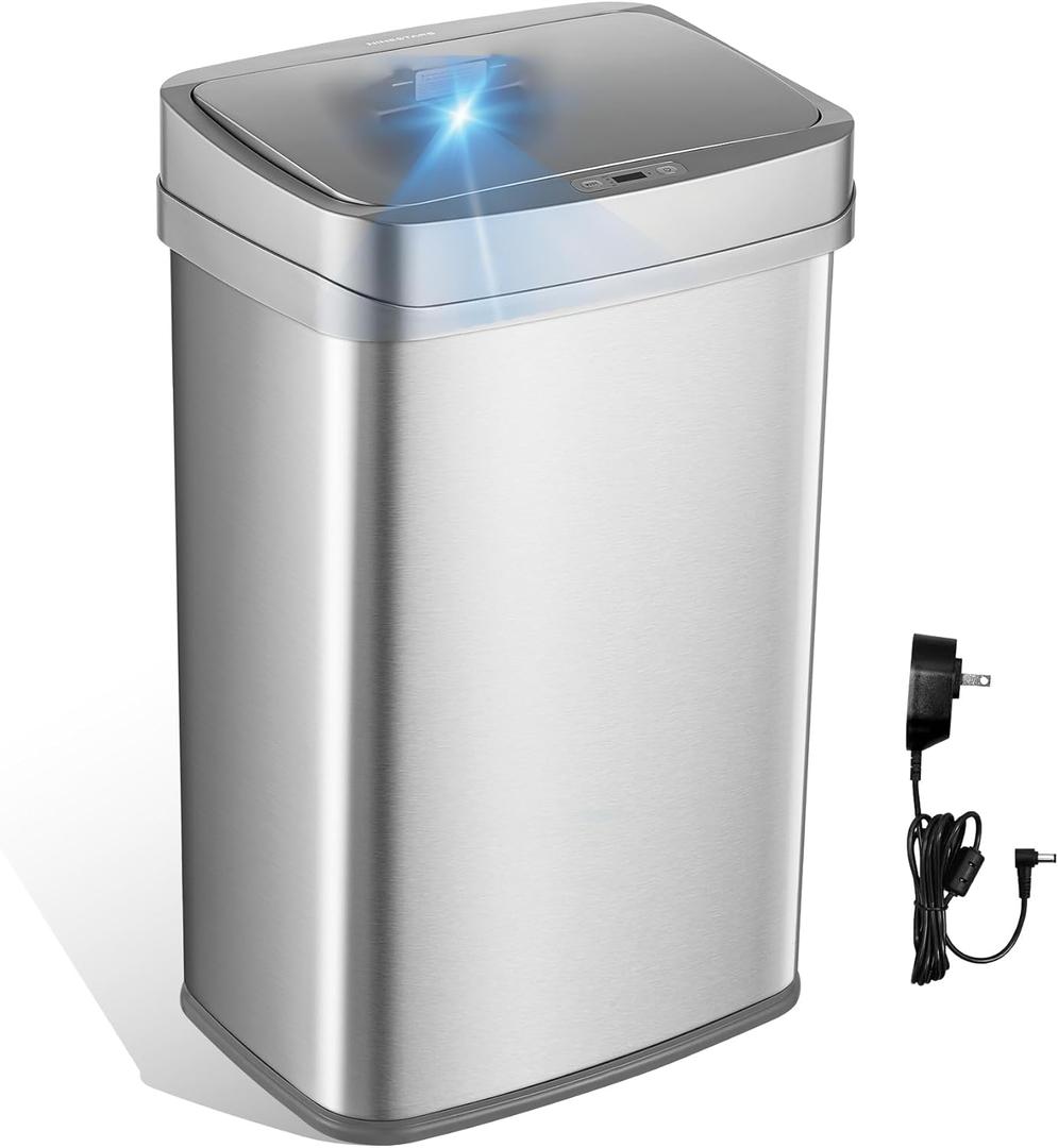 Ninestars 13 Gallon Odor Neutralizing Smart Trash Can, UV + Ozone Dual Purification, Odor Control Motion Sensor Garbage Bin, Universal Power Adapter, ONT-50-81SL Stainless Steel, Silver, Nova Series (Large)