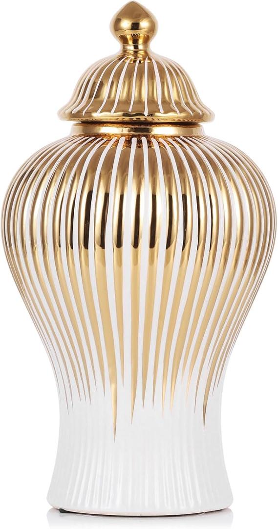 16.5" White and Gold Ceramic Ginger Jar with Lid - Modern Luxury Ceramic White Gold Ginger Jars for Home Decor, Living Room, Kitchen, Dining Table, Cabinet, Bookshelf Decor, Storage Ginger Jar