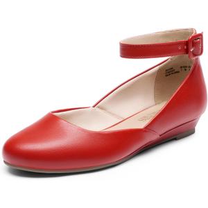 DREAM PAIRS Women's Dress Flats Ballet Low Wedge Round Toe Ankle Strap Comfortable Casual Flats Shoes (9, Red-pu)