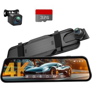 4K Rear View Mirror Camera, 10'' 4K Mirror Dash Cam with 1080P Backup Camera, Dash Cam Front and Rear for Car with Voice Control, 24H Parking Mode, Night Vision, 32GB SD Card Included (Black)