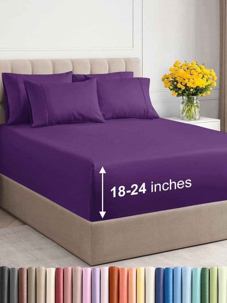 Extra Deep Queen Sheet Set - 6 Piece Breathable & Cooling Sheets - Hotel Luxury Bed Sheets Set - Easy & Secure Fit - Soft, Wrinkle Free & Comfy Sheets Set - Purple Sheet Set with Extra Deep Pockets