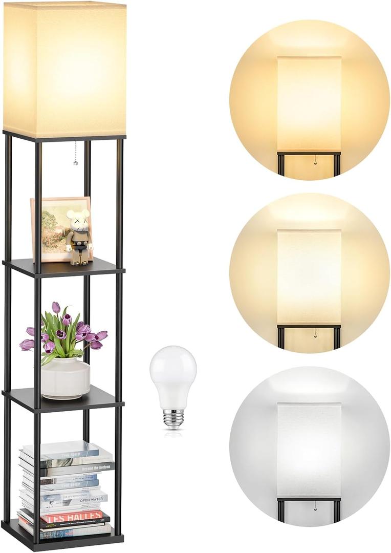 SHINE HAI Floor Lamps with Shelves for Living Room, 3-Tier Square Modern Standing Lamp with 3CCT Bulb, 11W 950LM Brightness, Tall Shelf Lamp for Bedroom, Office, Bookshelf & Display Organizer (Black)