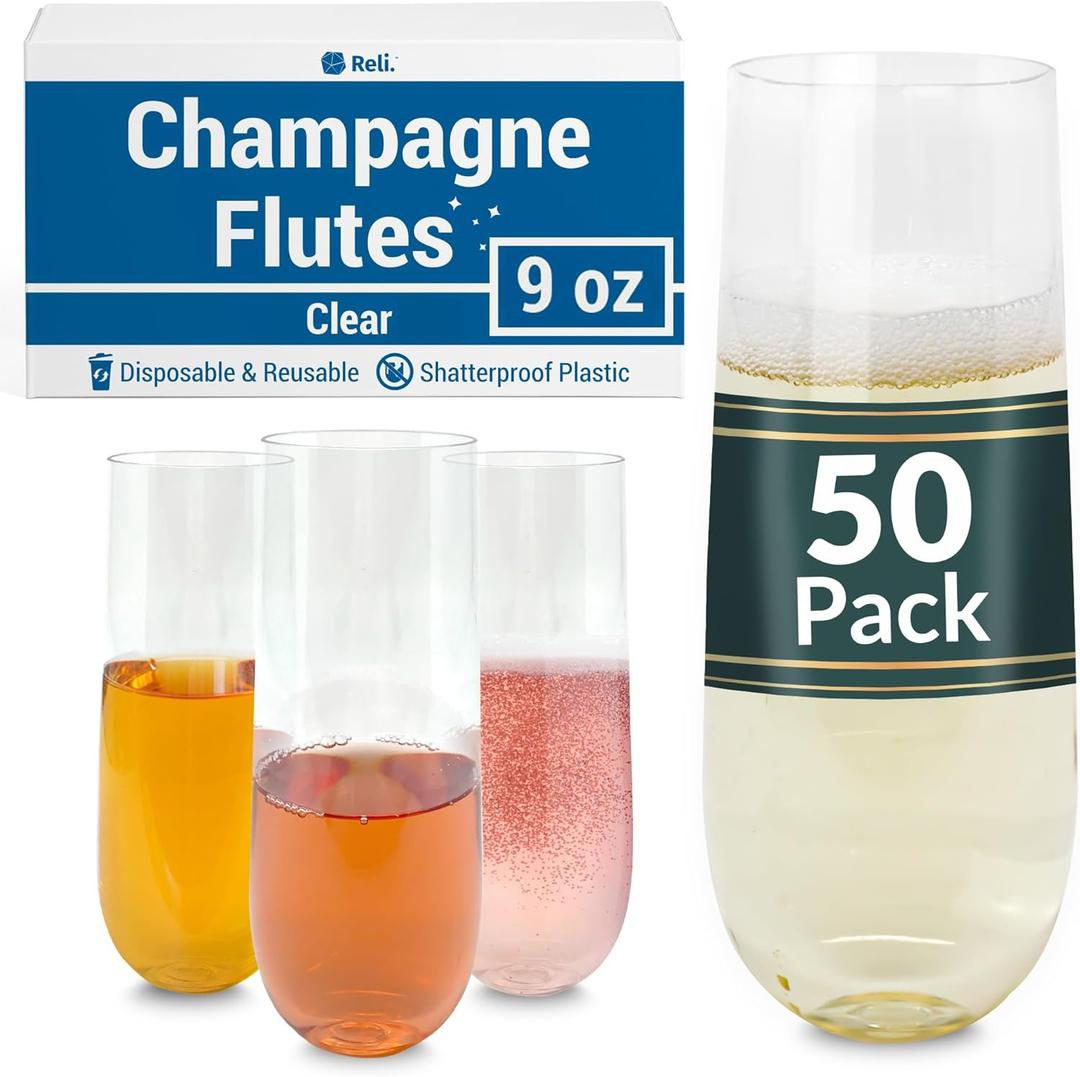 Reli. Champagne Flutes Plastic (50 Pack, 9oz) Clear, Stemless | Disposable Mimosa Glasses for Champagne, Mimosa, Cocktail, Wedding/Parties | BPA-Free Plastic Champagne Flutes, Shatterproof Cups