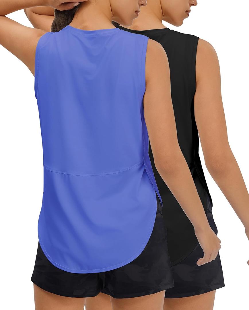 JOYSPELS Ice Silk Workout Tank Tops for Women Cool-Dry Sleeveless Loose Fit Yoga Shirts Athletic (Medium, Black/Bluebonnet)