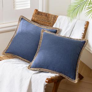 Phantoscope Pack of 2 Farmhouse Decorative Solid Throw Decorative Pillow Cover Burlap Linen Trimmed Tailored Edges Navy Blue 18 x 18 inches, 45 x 45 cm