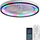 CACI Mall RGB Ceiling Fan with Lights and Remote, Low Profile Flush Mount Modern Bladeless Smart Ceiling Fan for Bedroom Kids Room Living Room, 19 Inch, White