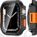YIJDACASE Rugged Waterproof Case for Apple Watch SE 3/SE 2/SE, Series 4 5 6 44mm, Built-in HD Tempered Glass Screen Protector, Metal & PC Bumper Shockproof Full Protective Cover, Black/Orange