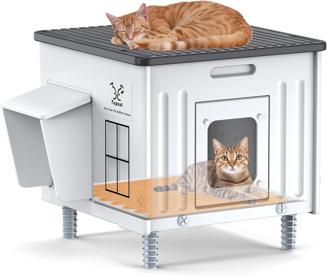 Heated Cat House for Outside, High Insulated Heated Outdoor Cat Shelter 100% Weatherproof with Escape Door, Elevated Outdoor Cat House with Heater for Feral Stray Barn Cat Kitty 17.7"x17"x17.5"