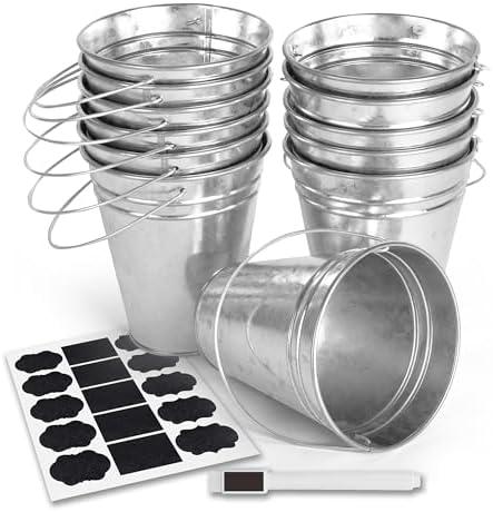 Colorlaza Galvanized Metal Bucket with Handle 12 Pcs- Metal Buckets for Party, Tin Buckets with erasable Stickers and Chalk Marker Silver Bucket 4.7" W x 5" H x 2.7" L