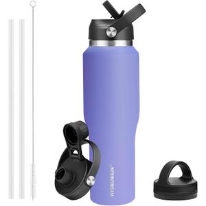 HYDROWION 40 oz Insulated Water Bottle with Straw fit in Car Cup Holder(Cold 48 hrs, Hot 24 hrs) Drinking Bottle with Straw Lid, Spout Lid and Flex Cap Leakproof Travel Thermo Mug Purple