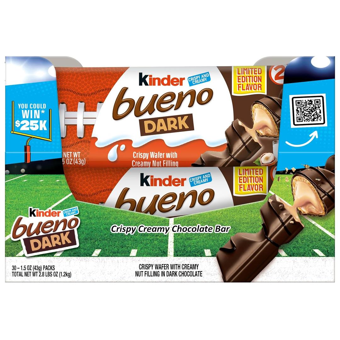 Kinder Bueno Dark Chocolate Bars with Creamy Hazelnut Filling, Bulk 30 Count, Chocolate Candy Bars for Game Day, Football Party Supplies, Snacks for Adults, 2 Per Pack, 1.5 oz (EXP 06/15/26)