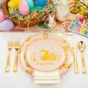 GATHER 175Pcs Easter Plastic Plates - Pink Plastic Dinnerware Set with Gold Bunny Includes 25 Dinner Plate and 25 Dessert Plate, 75 Silverware, 25 Cups, 25 Napkins for Easter Party