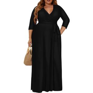 Plus Size Dress for Women - 3/4 Sleeve V-Neck Maxi Dress for Women with Belt and Pockets 4XL (Black)
