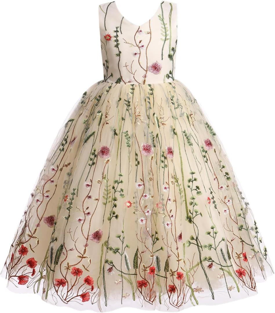 IDOPIP Embroidery Flower Girl Lace Dress for Kids Wedding Pageant Party First Communion Dresses Princess Bridesmaid Maxi Gown (5-6 Years, Apricot)