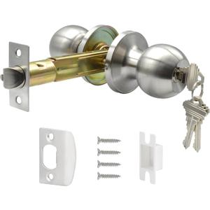 5" Backset Latch Keyed Entry Door Knob with Lock and Key, Standard Square Interface Entrance Ball Doors Knobset Lockset, Satin Nickel