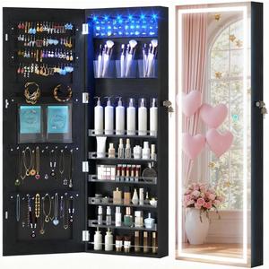 LVSOMT LED Mirror Jewelry Cabinet Door Hanging, Wall Mounted Jewelry Mirror Organizer Full Length, Lockable Jewelry Armoire, Large Capacity, for Small Space Bedroom, Gift for Women, Black