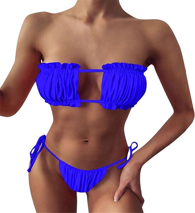 Women 2 Piece Strapless Bikini Swimsuits Ruffle Ribbed Self Tie Bandeau Bikini Set High Cut String Bathing Suits (Medium)