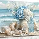 Blue Ocean Beach Wall Art Coastal Bathroom Poster Print Sea Vase Canvas Wall Decor Seaside Seashell Painting Picture for Bathroom Bedroom Living Room Kitchen Office Framed