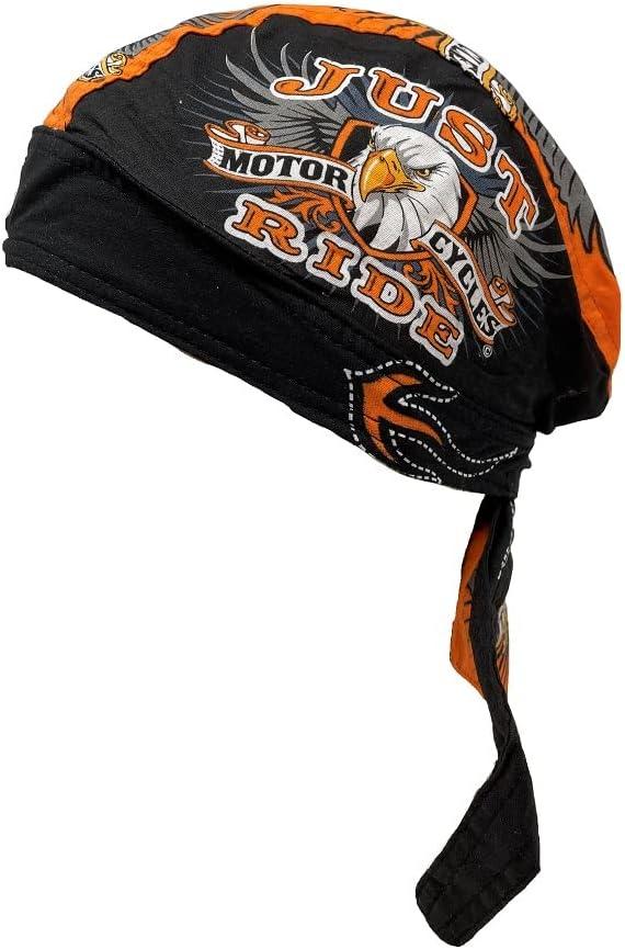 Black Orange Original Just Ride American Eagle Danbanna Head Wrap Durag Doo Rag Skull Cap Biker with Sweatband