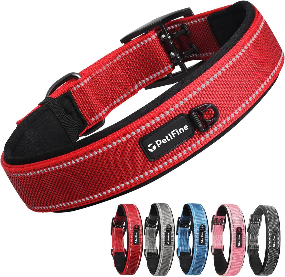 PetiFine Dog Collar for Large Dogs, Neoprene Padded and Adjustable, Reflective Wide Heavy Duty Pet Collars with Durable Metal Belt Buckle for Walking, Red, XL