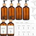 Maxcheck 6 Pack 16 oz Amber Glass Soap Dispenser Bathroom Hand Soap Dispenser with Pump with 16 Pcs Waterproof Labels Funnel Dish Liquid Bottle for Kitchen Bathroom(Wood)