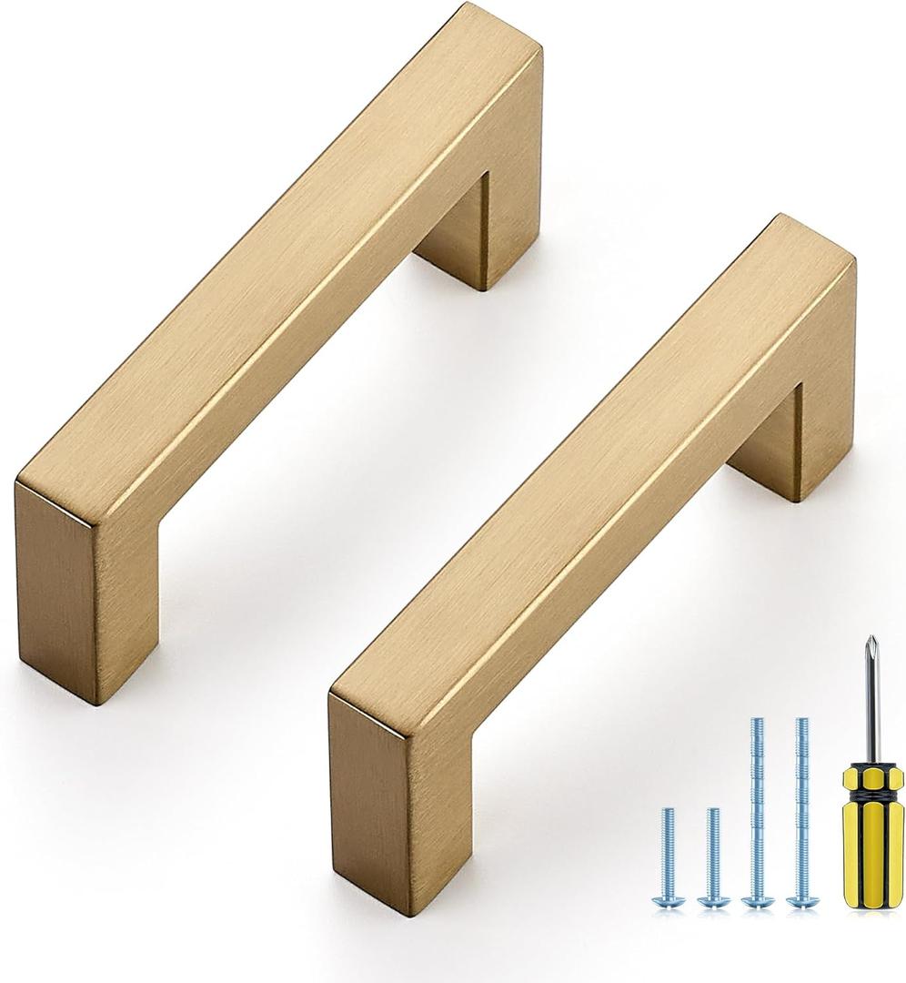 Ravinte 10 Pack Champagne Bronze Cabinet Handles 3 Inch Hole Center Stainless Steel Kitchen Square Cabinet Pulls for Dresser Drawer Cupboard Handles with Screwdriver