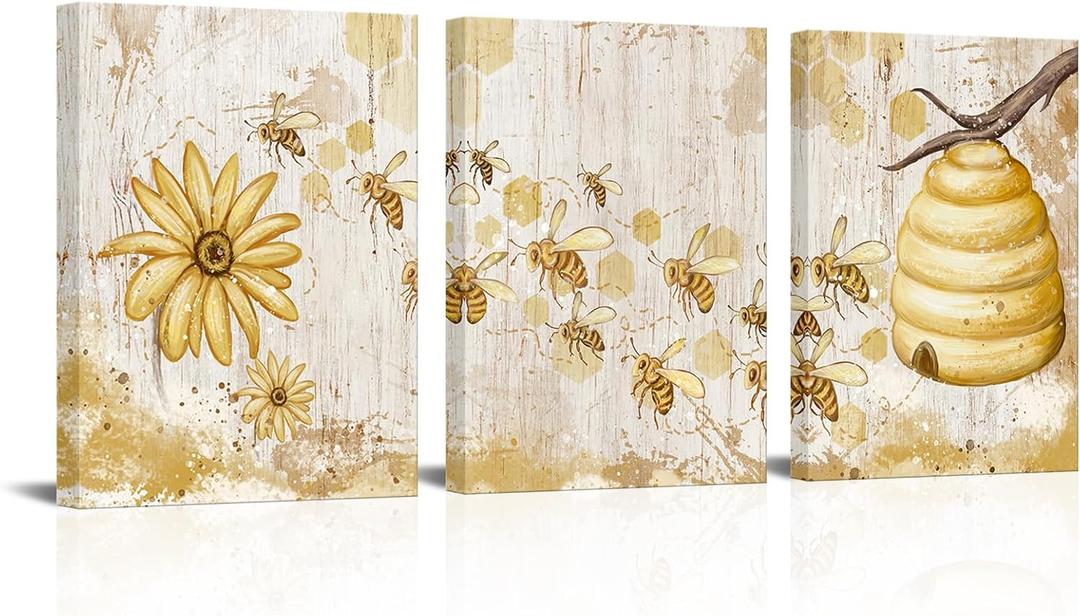 FuShvre Vintage Yellow Wall Art Honey Bee Canvas Painting Picture Bee and Flower Daisy Artwork for Kitchen Farmhouse Decor Framed 12"x16" Each (Small, White)