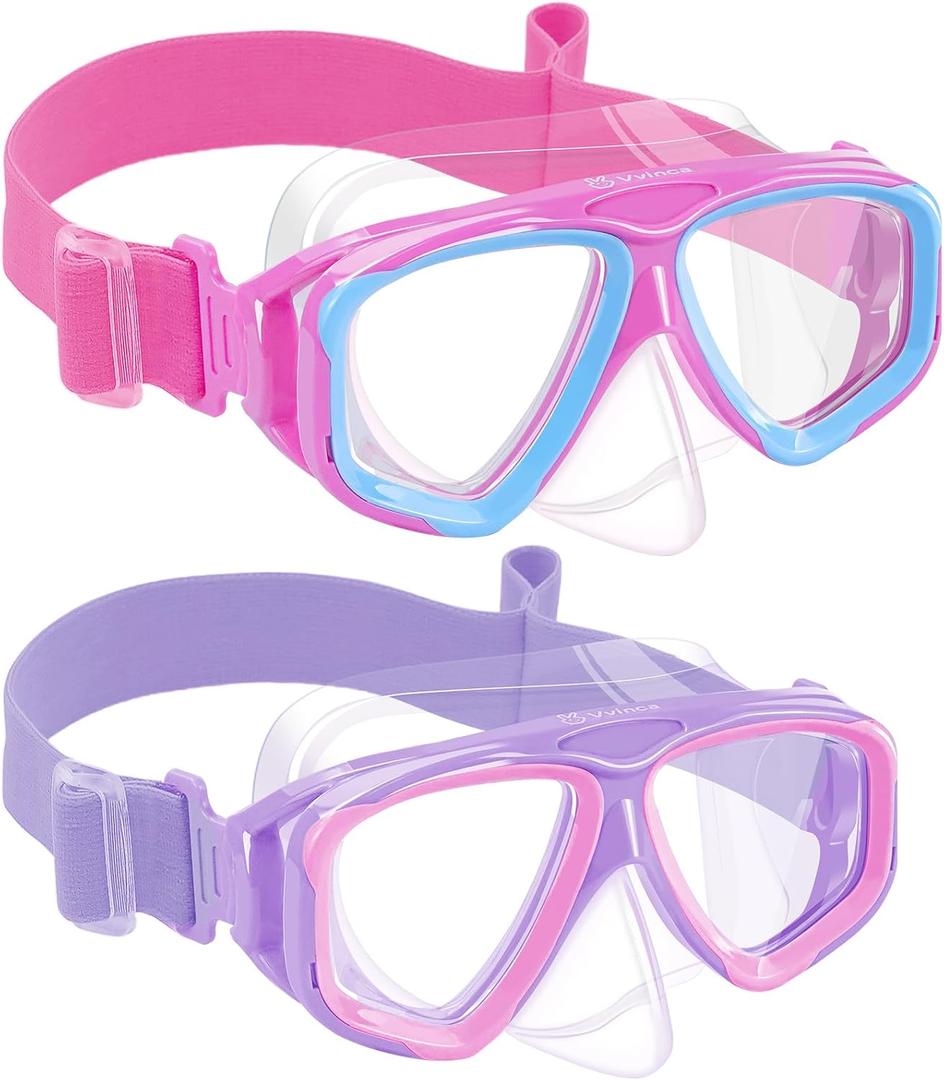 Vvinca Swim Goggles with Nose Cover, Snorkel Diving Mask Fabric Strap Wide View Anti-Fog/UV Swimming Goggles for Kids 3-14 (09-purple Pink& Pink Blue)