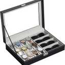 AUTOARK Leather 12 Watch Box Jewelry Case and 4 Piece Sunglass Eyeglasses Organizer,Mens Women Storage Holder Boxes,Large Glass Top,Black,MKAW044 (16 Slot)
