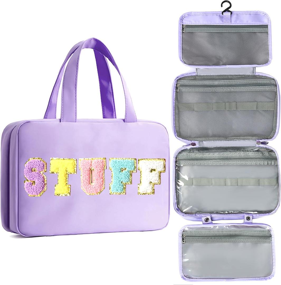 Toiletry Bag for Women Chenille Letter Makeup Bag Water-resistant Cosmetic Bag Travel Bag with Hanging Hook Preppy for Store Toiletries Cosmetic Accessories Medium Purple