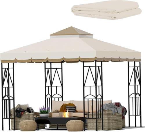 Morikoro 10x10 Canopy Replacement Top Double Tiered Gazebo Cover for Yard, Patio & Garden Durable Sunshade Replacement (BeigeBrown with lace)
