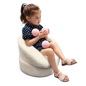 Hrebr Mini Toddler Chair Comfy - 17.3'' Compact Kids Couch with Carry Handle, Soft Teddy Plush Toddle Chair, Washable Cover & Sturdy Design for Nursery & Playroom - White