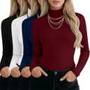 Huukeay 4 Packs Women's Turtleneck Tops Long Sleeve Shirts Mock Turtleneck Basic Tees Lightweight Slim Fit Casual Undershirt(Red, Navy Blue, White, Black,Medium)