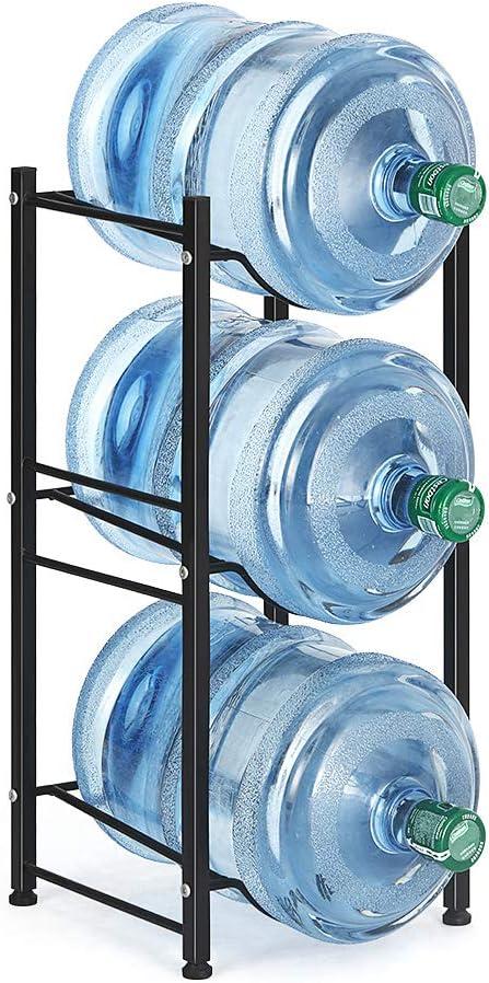 Water Bottle Storage Organizer - 5 Gallon Jug Holder Rack, 3-Tier Stackable Dispenser Stand for Office, Kitchen, Lobby, Foyer - Black